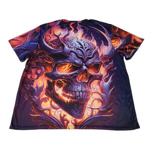 Flaming Horned Skull Purple Graphic Tee T-Shirt Men's XL